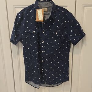 Jachs Navy Short-Sleeve Button-Down Shirt with White Feather Print